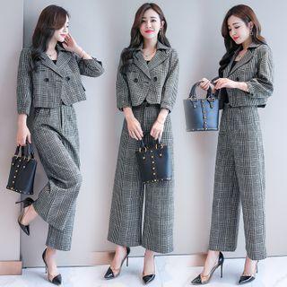 Set: Plaid 3/4-sleeve Cropped Blazer + Wide-leg Pants