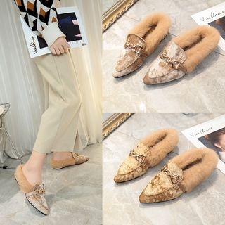 Chunky Heel Pointy Toe Furry Trim Buckled Pumps