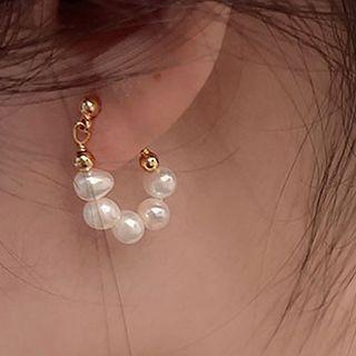 Faux Pearl Mini Hoop Stud Earring 1 Pair - Stud Earring - Silver Needle - Gold - One Size