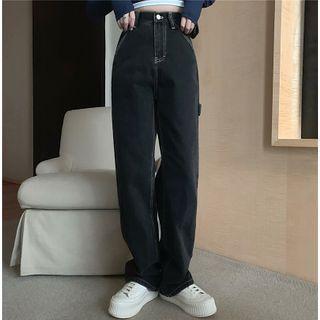 Color-block Long-sleeve Crop Top / Loose-fit Jeans