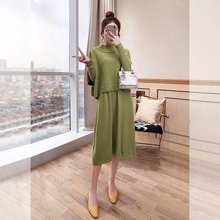 Set: Long-sleeve Knit A-line Midi Dress + Elbow-sleeve Top