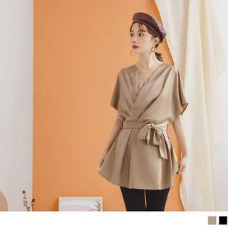 Flutter Sleeve V-neck Tie-waist Satin Wrapped Top