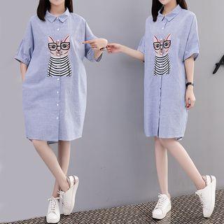 Cat Embroidered Striped Elbow-sleeve Long Shirt