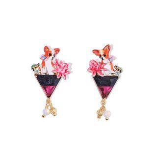 Fashion Cute Plated Gold Enamel Puppy Chihuahua Flower Stud Earrings Golden - One Size