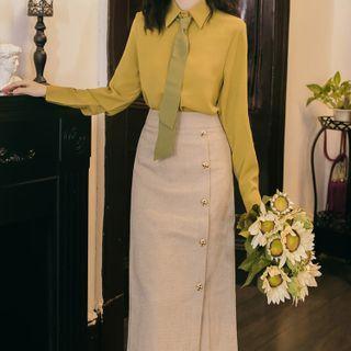 Set: Plain Shirt + Button-up Midi Pencil Skirt + Tie