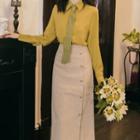 Set: Plain Shirt + Button-up Midi Pencil Skirt + Tie