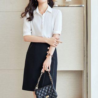 Short-sleeve Striped Shirt / Pencil Skirt / Set