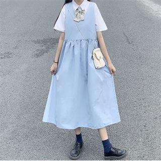 Elbow-sleeve Tie-neck Shirt / A-line Overall Dress