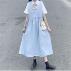 Elbow-sleeve Tie-neck Shirt / A-line Overall Dress
