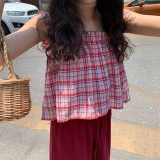 Ruffle Trim Plaid Blouse / Drawstring Wide-leg Pants