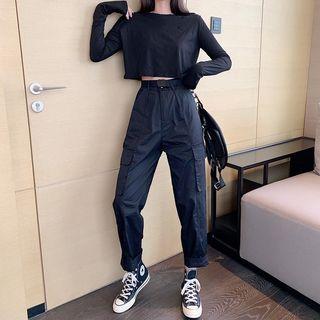 Plain Long-sleeve T-shirt / Cropped Straight-fit Pants