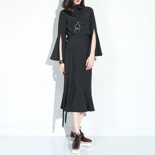 Set: Slit-sleeve Top + Ruffle Midi Skirt