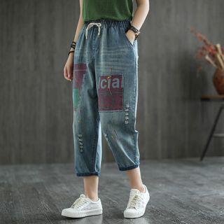 Printed Distressed Cropped Harem Jeans
