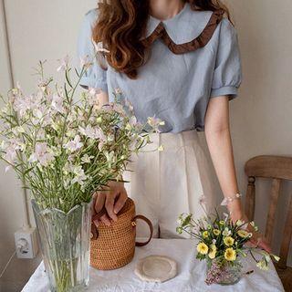 Contrast-trim Frilled-collar Linen Blouse