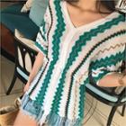 Drawstring-waist Fringed-hem Patterned Knit Top