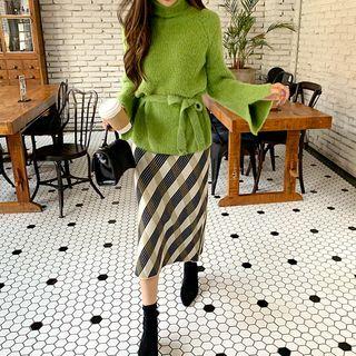 Turtleneck Slit-cuff Sweater With Sash