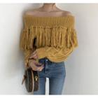 Fringed Trim Off-shoulder Sweater