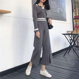 Set: Contrast Trim Knit Polo Shirt + Cropped Wide Leg Pants