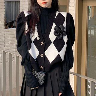 Argyle Button-up Sweater Vest / Mock-neck Knit Top