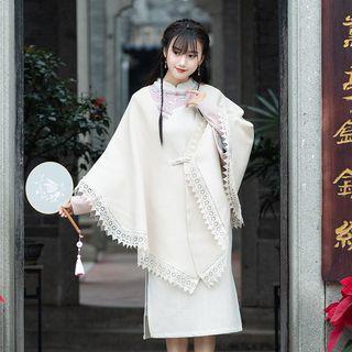 Long-sleeve Qipao / Lace Trim Scarf