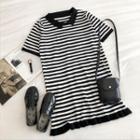 Striped Short-sleeve Collared Dress Black - One Size