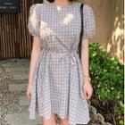 Plaid Short-sleeve Tie-waist Mini A-line Dress