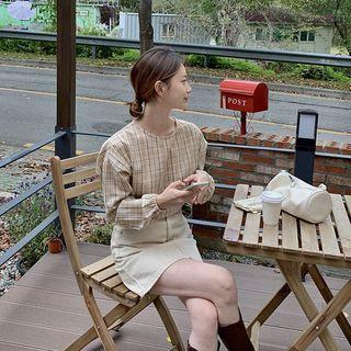 Button-shoulder Plaid Blouse