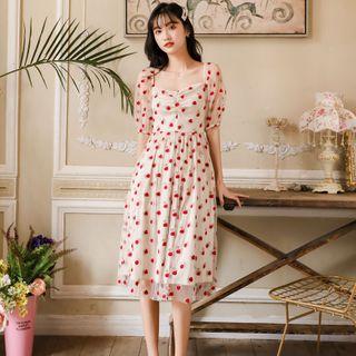 Sweetheart Neckline Dotted Short-sleeve Midi A-line Dress