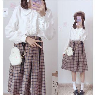 Frill Trim Blouse / Plaid A-line Skirt
