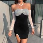 Long-sleeve Off-shoulder Lace Paneled Mini Bodycon Dress