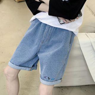 Embroidered Denim Straight-cut Shorts