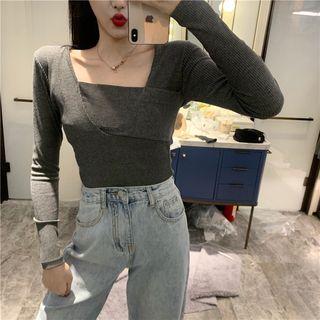 Square-neck Asymmetric Ribbed Knit Top