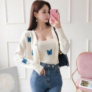 Knit Set: Butterfly-pattern Cardigan + Sleeveless Top