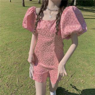 Bubble Sleeve Leopard Print Mini Sheath Dress