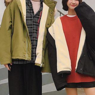 Couple Matching Faux-fur Trim Hooded Zip Coat