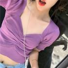 V-neck Puff-sleeve Slim-fit Knit Top