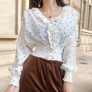 Long-sleeve Patterned Ruffled Chiffon Top