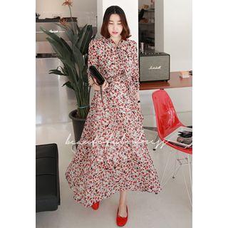 Tie-neck Flower Pattern Long Dress