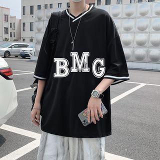 Elbow-sleeve V-neck Color-block Letter Print T-shirt