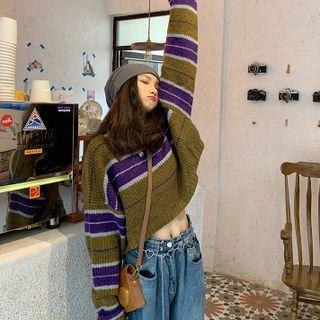 Color Block Striped Cropped Sweater Stripe - Green - One Size