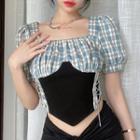 Puff-sleeve Square Neck Lace-up Plaid Panel Crop Top