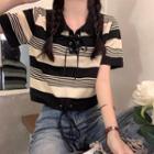Short-sleeve Striped Lace-up Polo Shirt Stripe - Black & Almond - One Size
