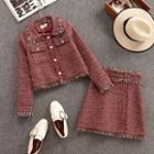 Set: Tweed Fringed Trim Blazer + Mini A-line Skirt