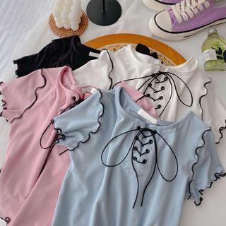 Short-sleeve Round Neck Lace-up Top