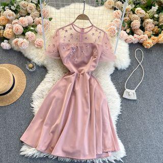 Star Embroidered Mesh Panel Mini A-line Dress