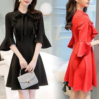 Elbow-sleeve Ruffle-trim A-line Dress