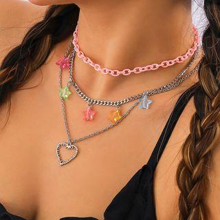 Set Of 3: Heart Pendant Alloy Necklace + Star Resin Alloy Necklace + Acrylic Choker Set Of 3 - Pink & Silver - One Size