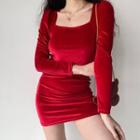 Skinny Square-neck Long-sleeve Velvet Dress