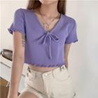 Short-sleeve V-neck Tie-front Cropped Knit Top