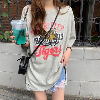 Elbow-sleeve Printed T-shirt / Plaid Shirt